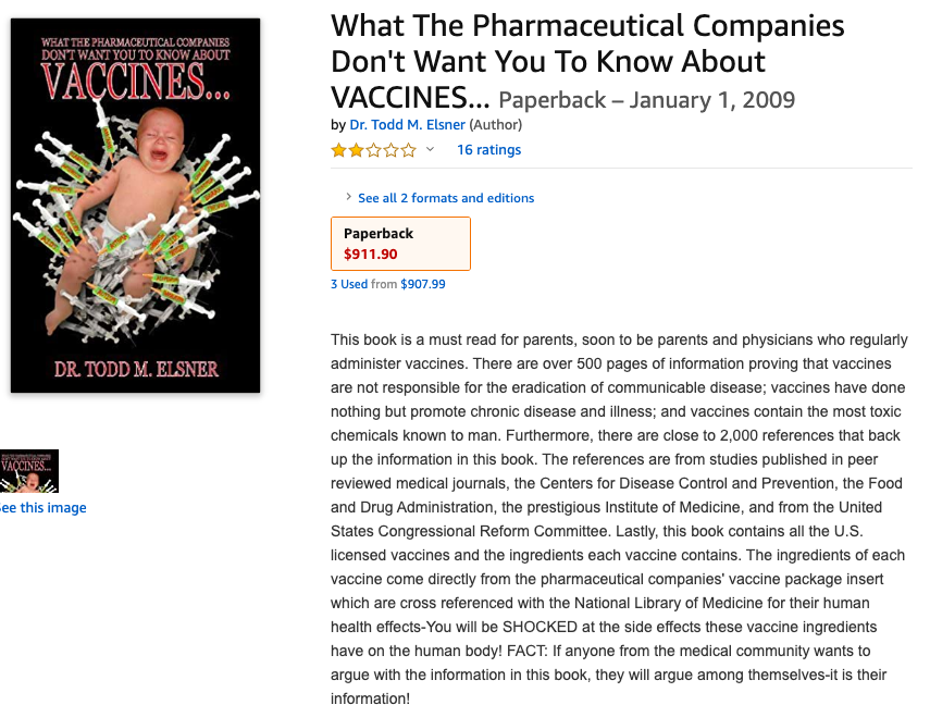 An image of the cover of the book "What The Pharmaceutical Companies Don't Want You to Know About VACCINES" by Dr Todd Elsner. The cover shows a crying baby being jabbed with an abundant number of syringes.