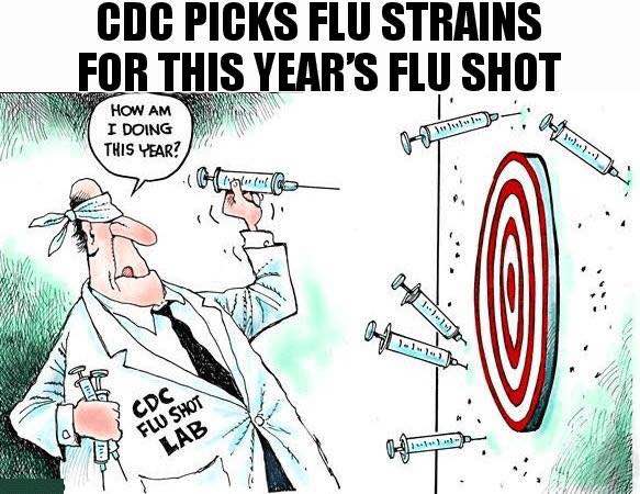 CDC picks flu strains for this year's flu shot. Overweight scientist in a white lab coat with a blindfold aims a syringe at a target and says "How am I doing this year?"